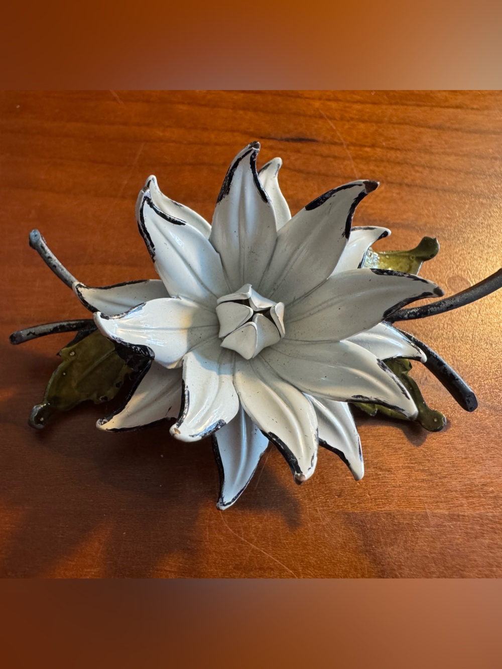 Vintage Coro Spiky Flower Enamel White Flower with Green Leaves, Black Branches